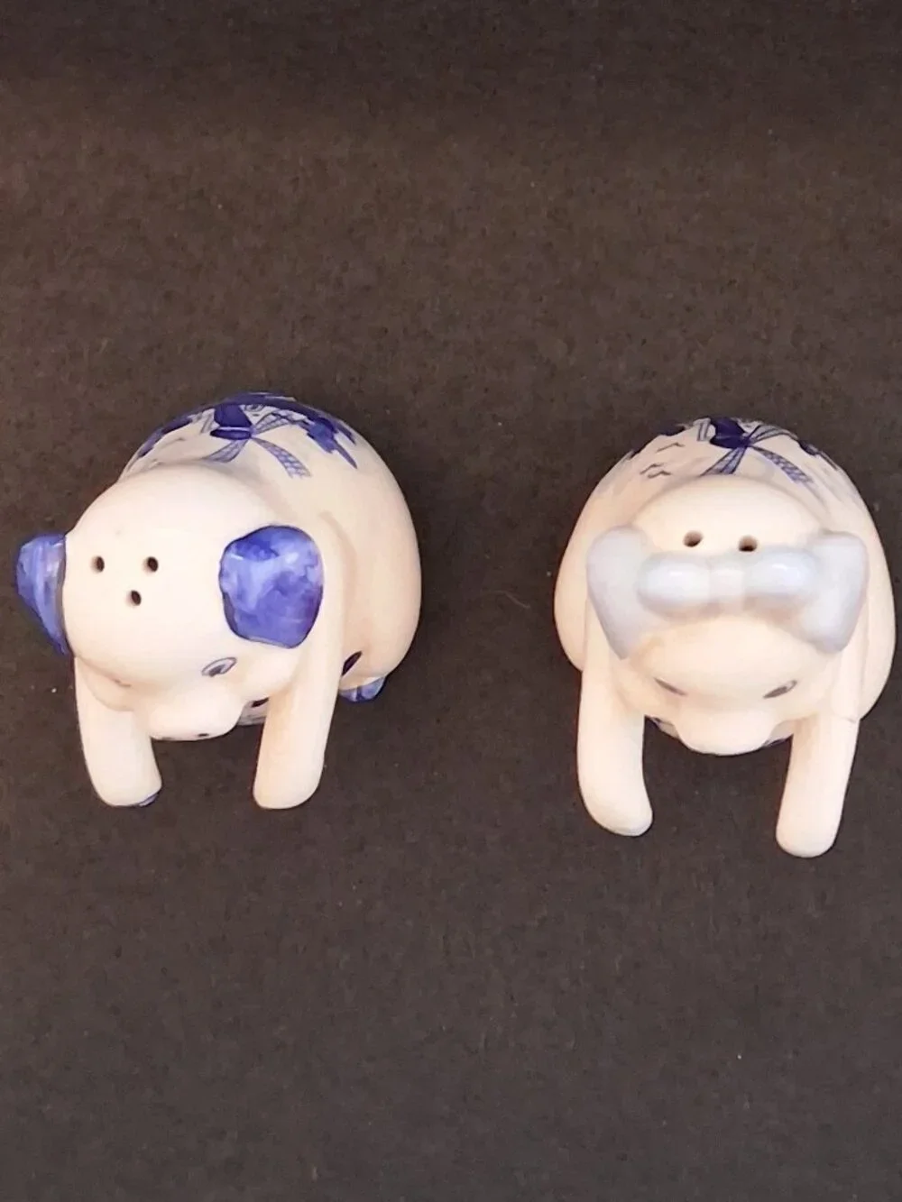 Vintage (1960s - 1980s) Delft Blue Pig Salt & Pepper Shakers Windmill Floral Set